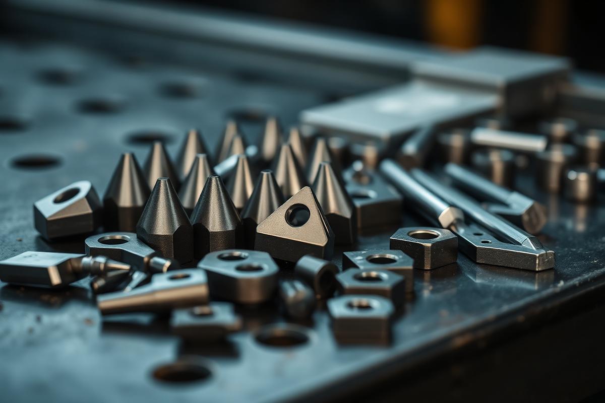 Hardmetalen wisselplaten en gereedschapsdelen op een donkere werkbank