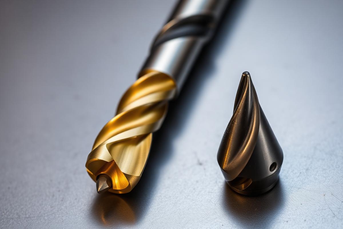 Een gecoate HSS boor en een donker hardmetalen snijdeel naast elkaar