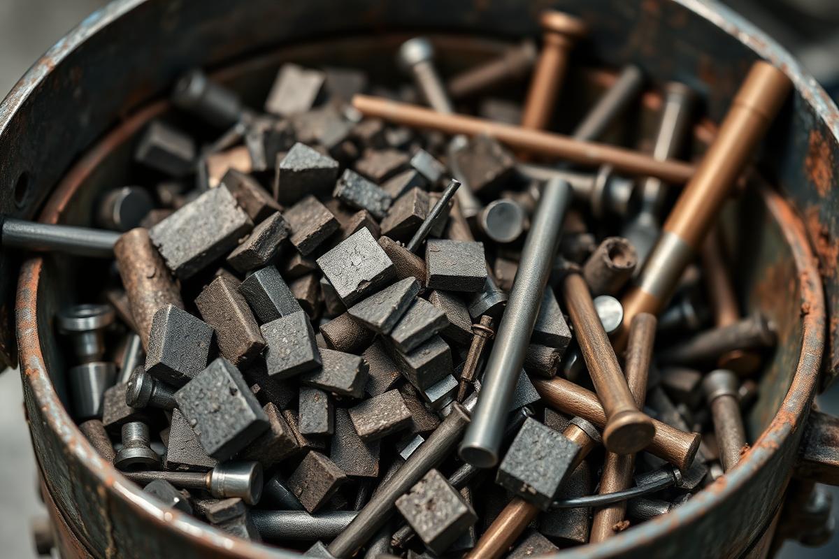 Zware wolfraamcarbide reststukken en staven in een metalen opvangbak