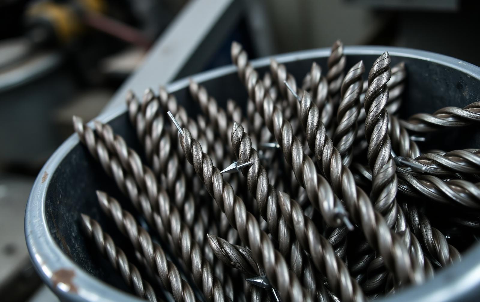 Hardmetalen boren in een bak naast een CNC-machine in een werkplaats