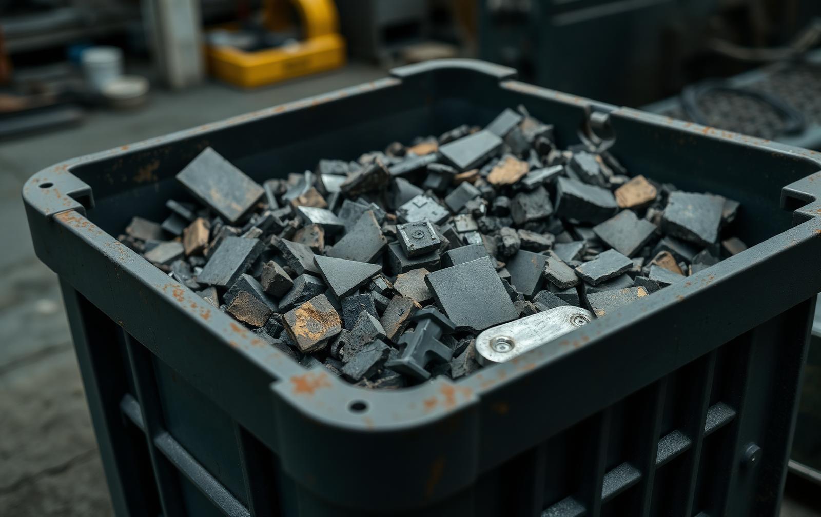 Gesorteerde hardmetaalresten en breukstukken in een industriële bak