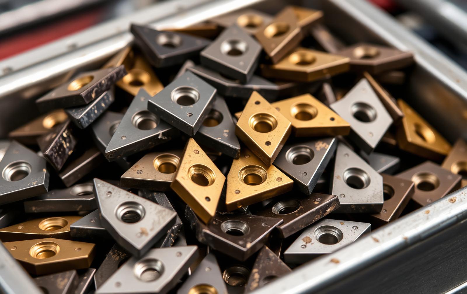 Gebruikte hardmetalen wisselplaten in een metalen bak