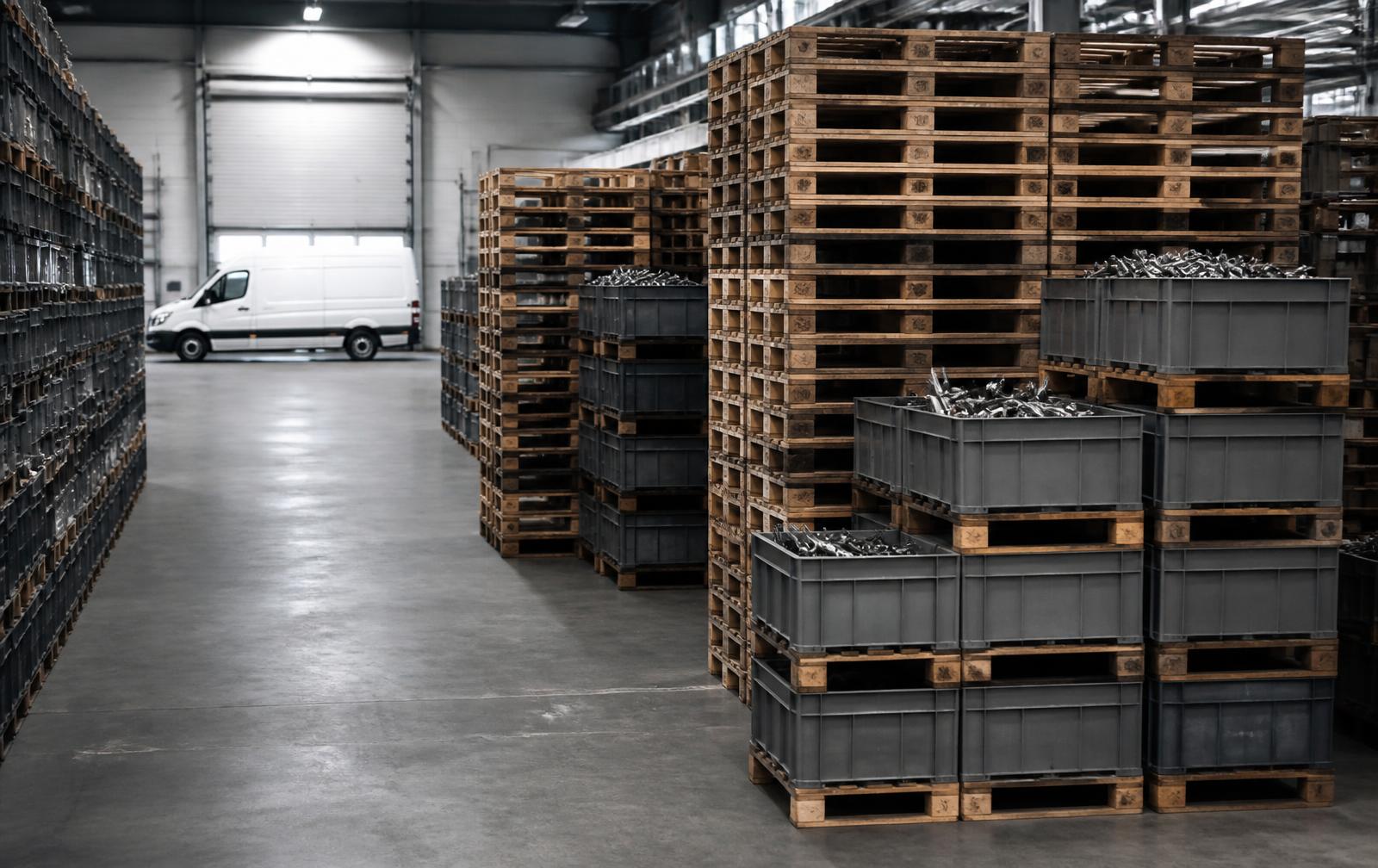 Bestelbus bij een bedrijfspand tijdens het laden van metaalpartijen