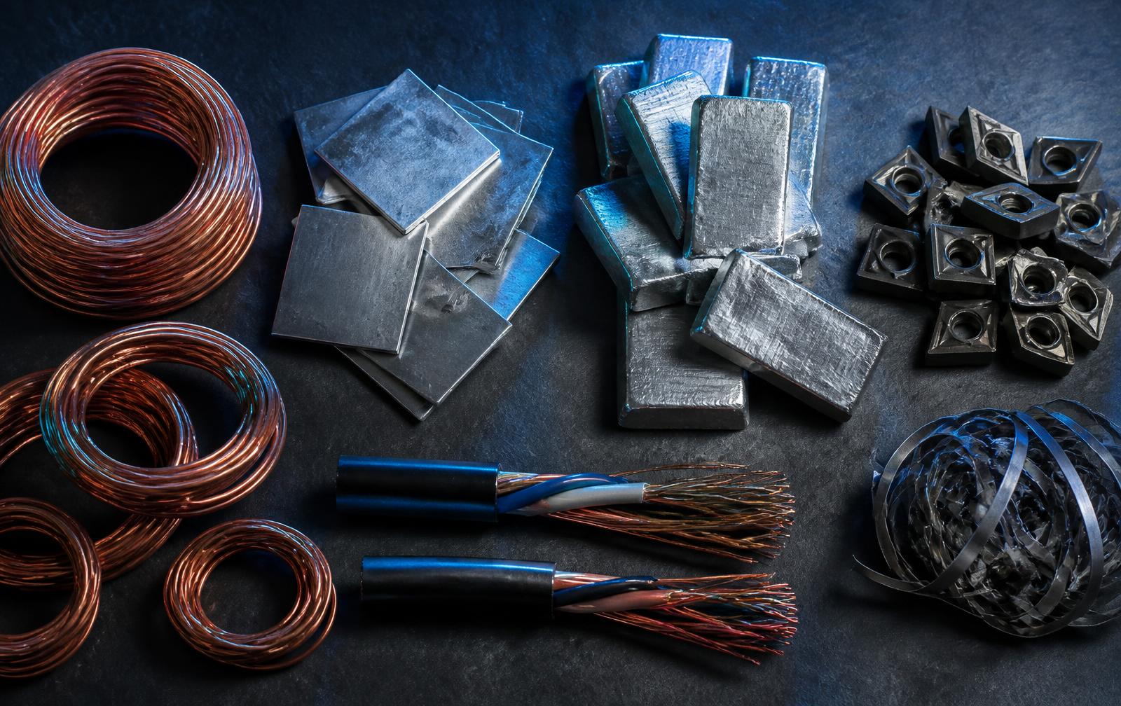 Verschillende technische metalen naast elkaar in een industriële werkplaats
