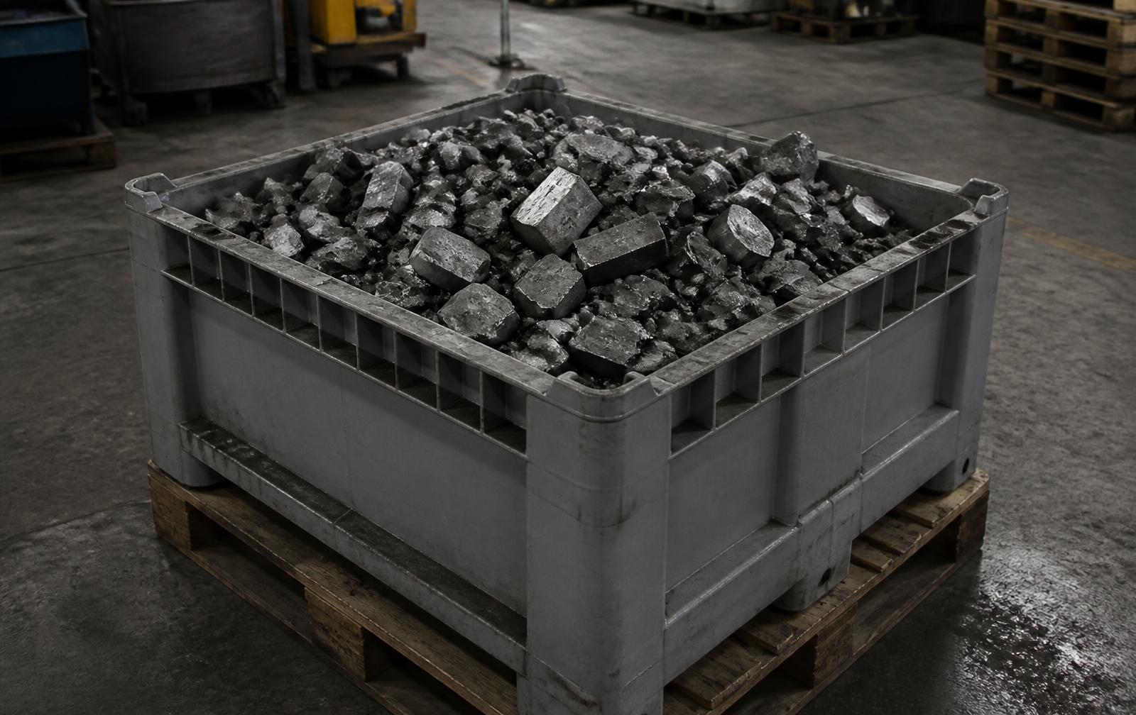 Verzamelde hardmetalen wisselplaten en gereedschap in een opvangbak