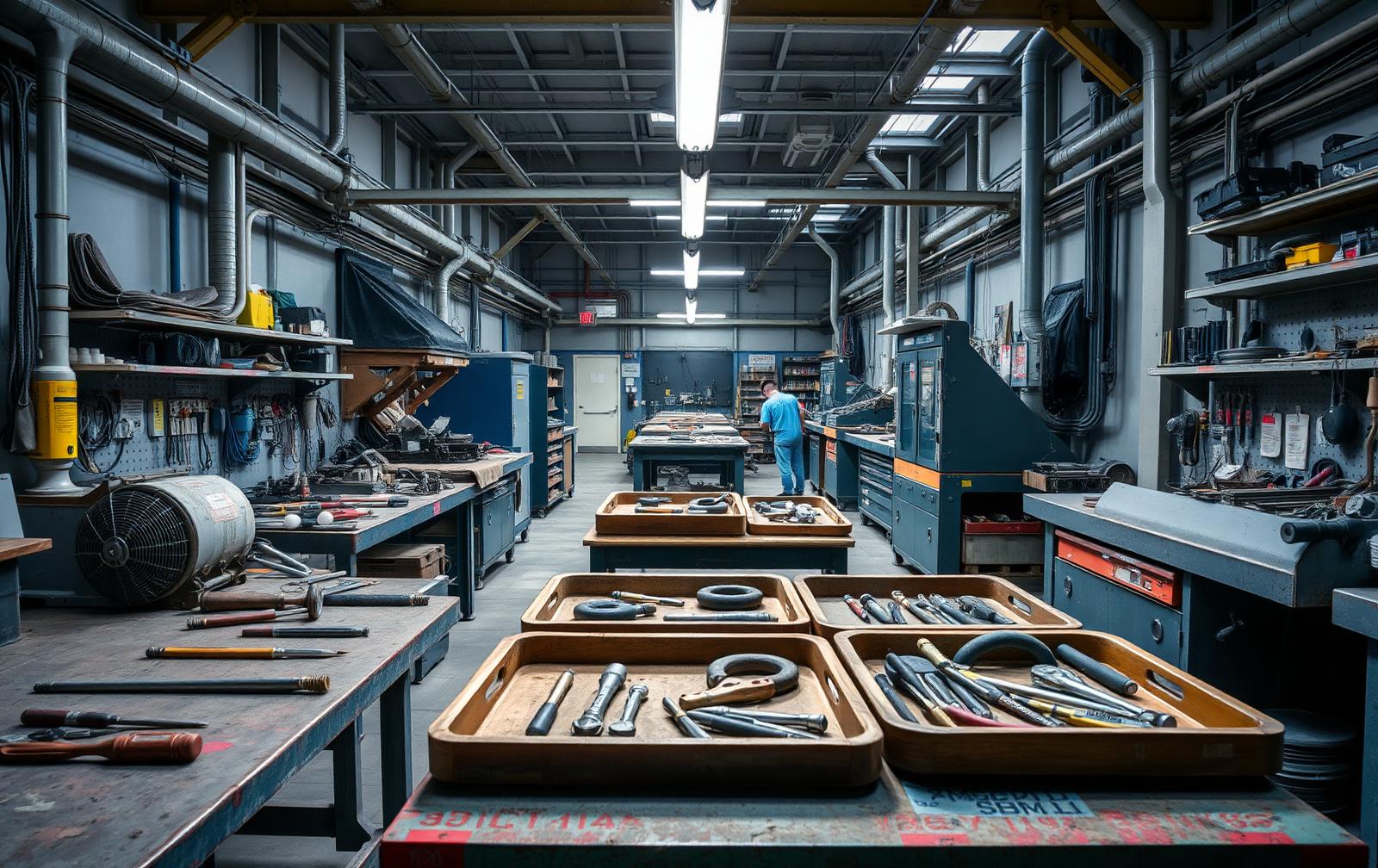 Technische onderhoudswerkplaats met gereedschap op werkbanken