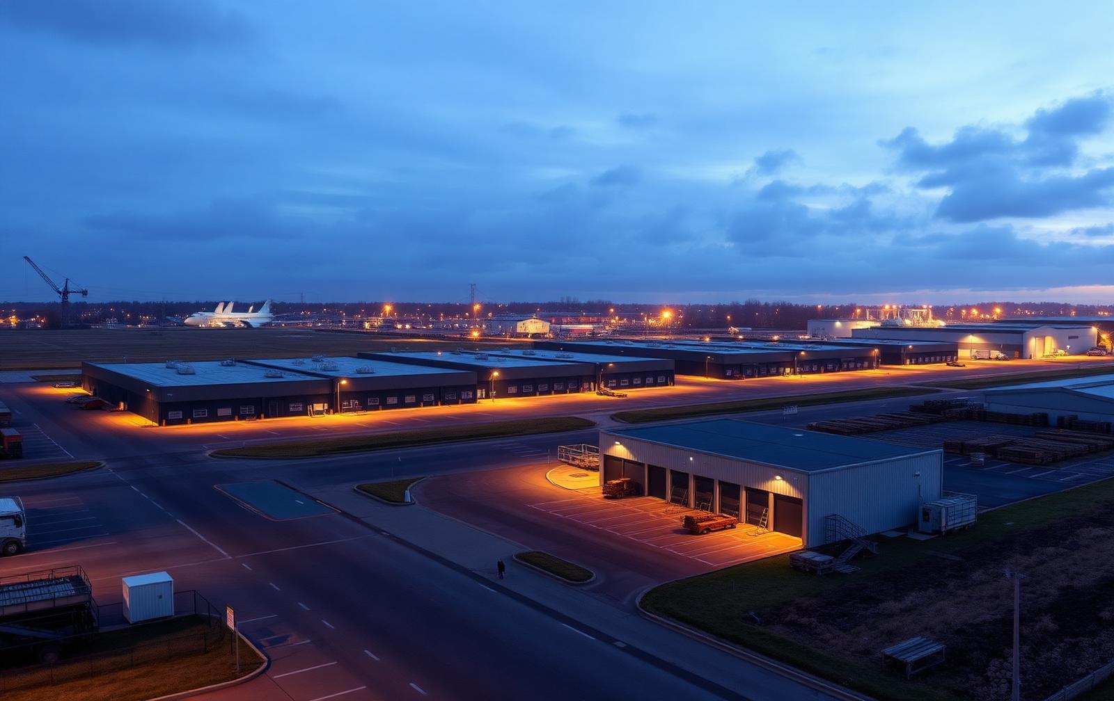 Nederlands industrieterrein met productiehallen in de avondschemering