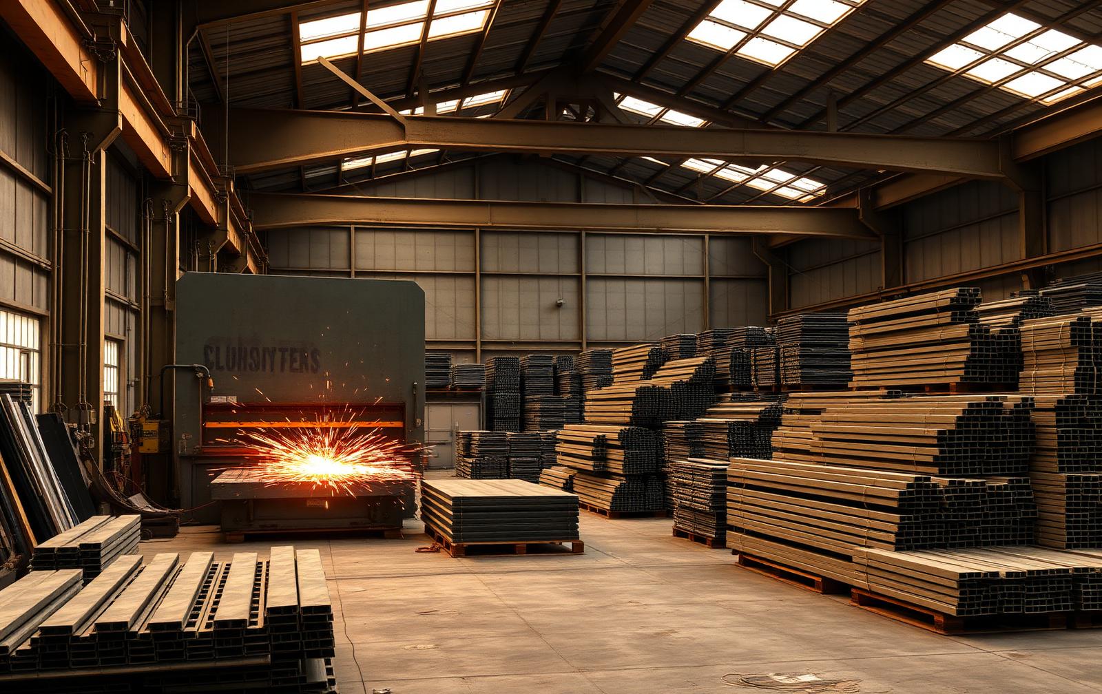 Productiehal met metaalprofielen op pallets