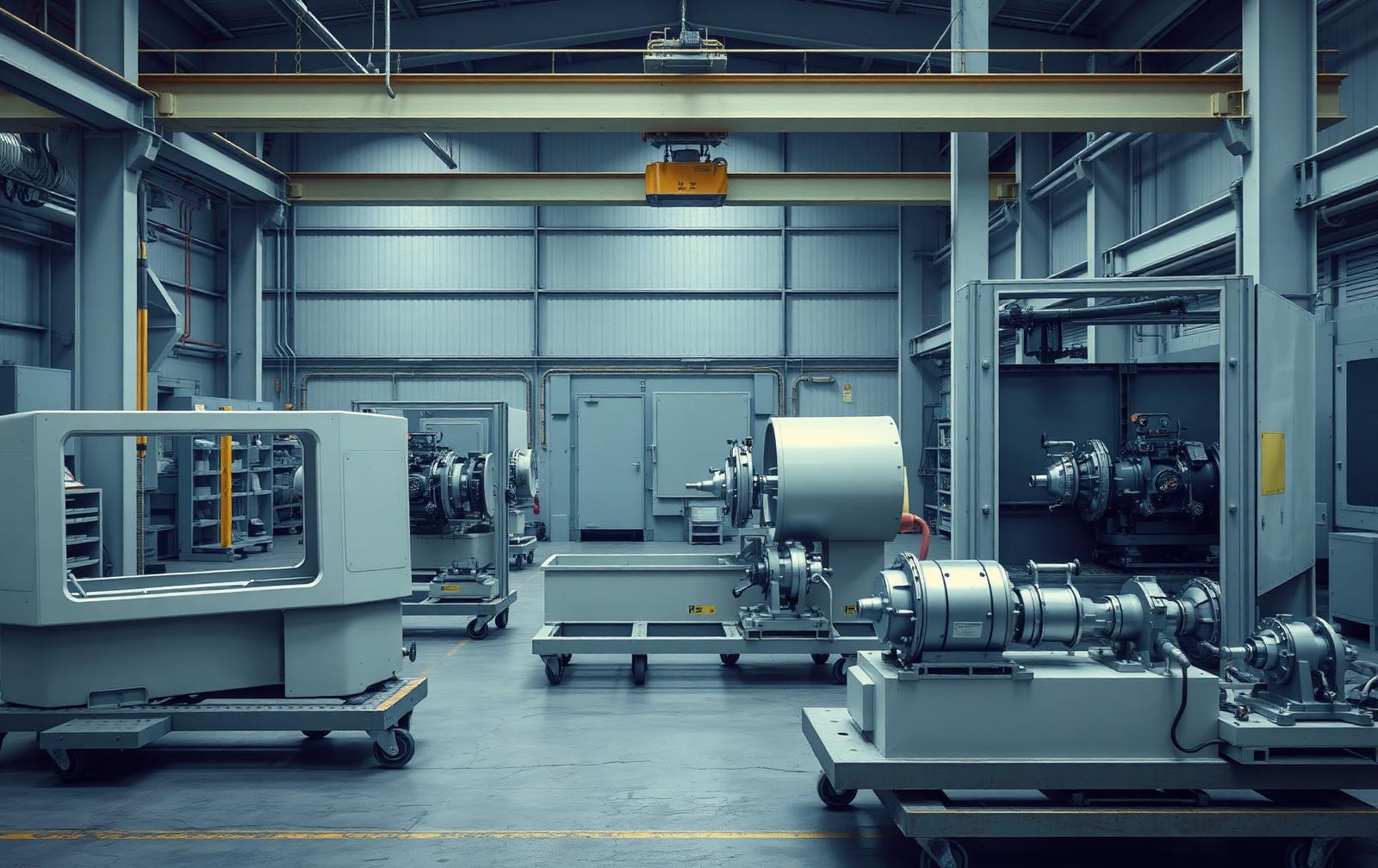 Machinebouwhal met componenten op transportwagens
