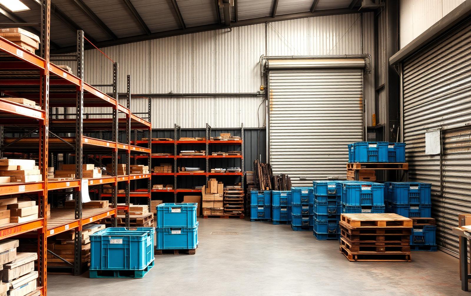 Metaalwerkplaats met stellingen, pallets en verzamelbakken